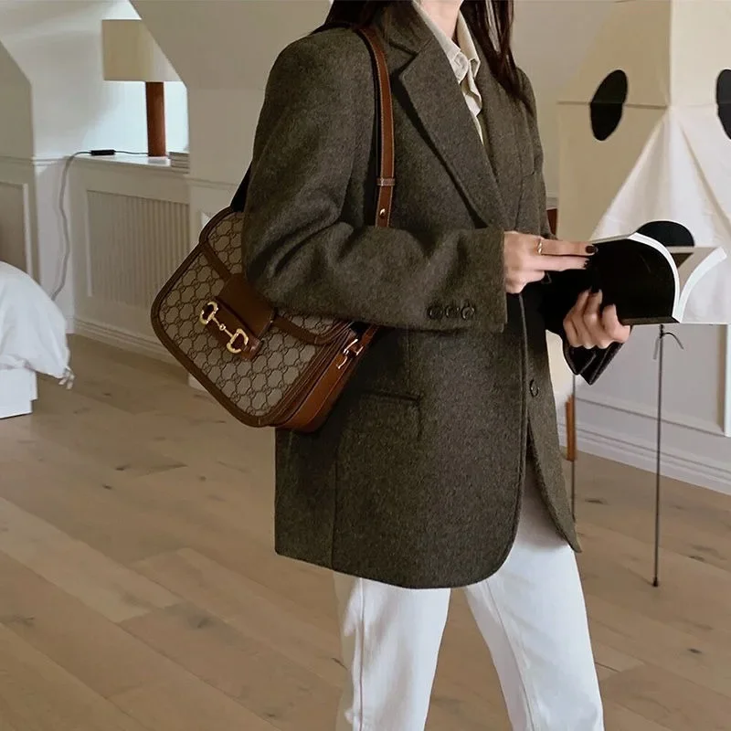 UNXX 2023 Spring Autumn New Style Women\'s Dark Brown Woolen Suit Jacket Fashionable Retro Textured Small