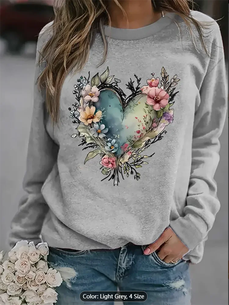 

Cozy Fleece-Lined Crew Neck Sweatshirt With Heart & Floral Print - Casual Women's Pullover For Fall/Winter