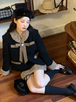 Fransız Vintage Faux kuzu kürk iki adet Set etek ile kadın moda yeni Retro yün yaka ceket yüksek bel Wrap kalça etek