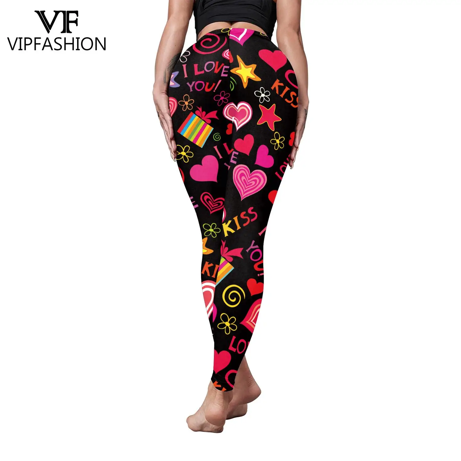 VIP FASHION Women Leggings Valentines Day Love Heart Stripe Print Workout Pants Slim Fitness New Year Gym Stretch Leggins Mujer