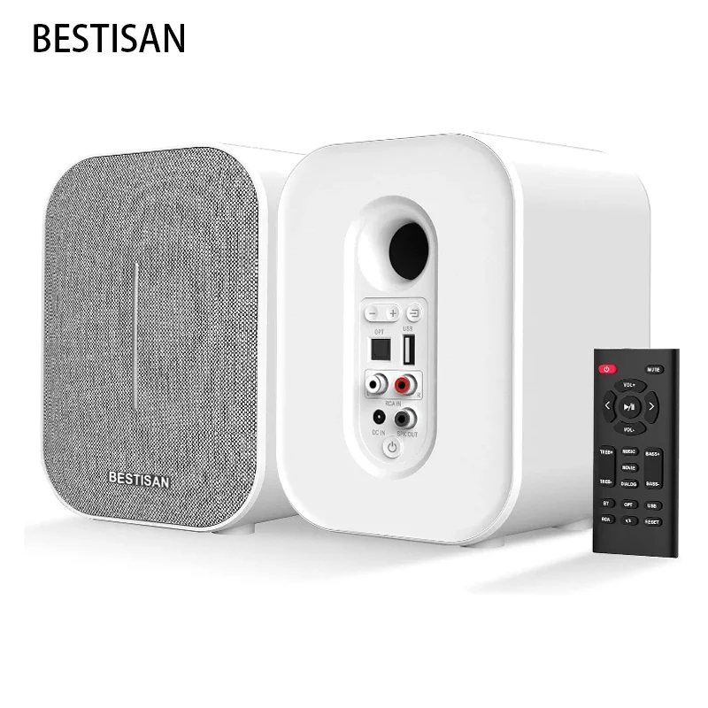 BESTISAN 60W Gaming Computer Active Speaker Bluetooth White Fabric Desktop Speakers Home Theatre Sound System OPT RCA For PC TV