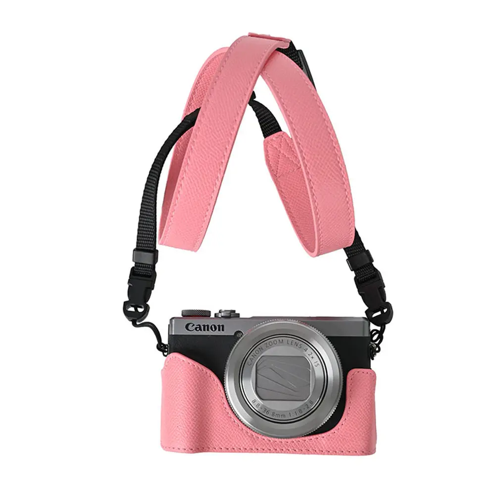 Camera Half Case For Canon G7X II Mark II III G7X2 G7X3 Palm Print PU LeatherBottom Opening Cover With Neck Strap