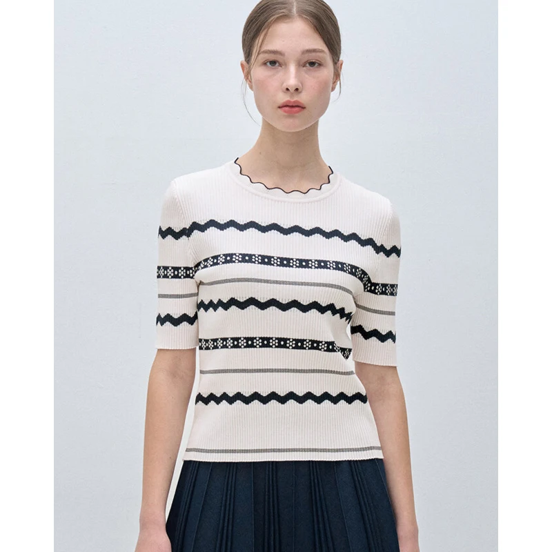 

MICOAT Ele Light ort Sve Вязаный свитер женский Slim Fit с эластичной волнистой полоской, 2 цвета, весенний круглый свитер Ne