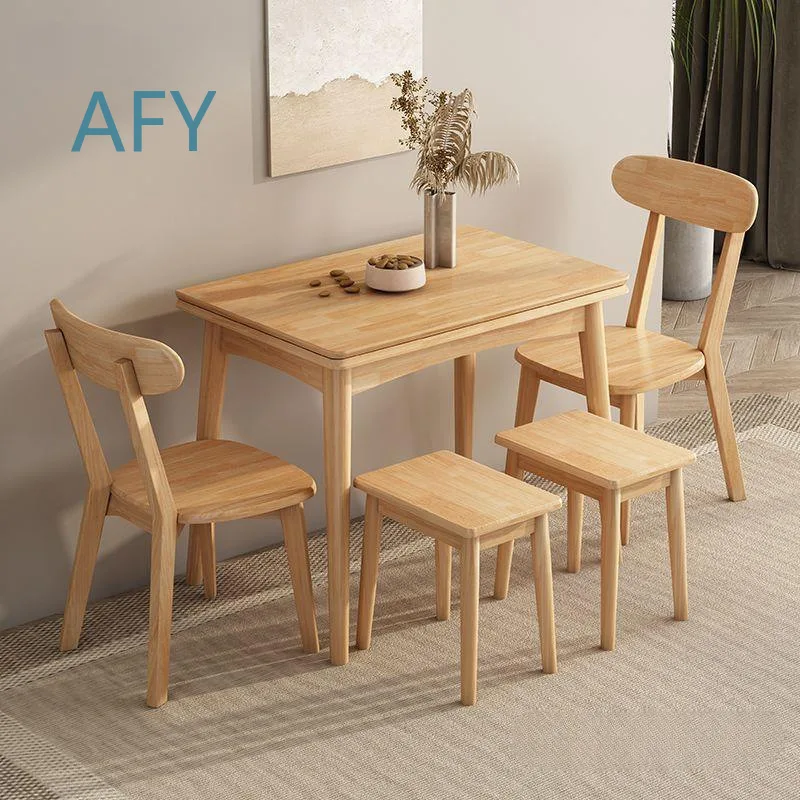 Foldable Dining Table for Small Spaces Modern Minimalist Extendable Rectangular Nordic Solid Wood Table and Chair Set for