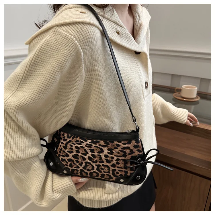 Neue Achselhöhle Tasche Trendy Schulter Tasche für Frauen Süße Doppel Bogen Handtasche Damen Tasche Retro Mode Weibliche Leopard Print Schulter Tasche – Detail 18