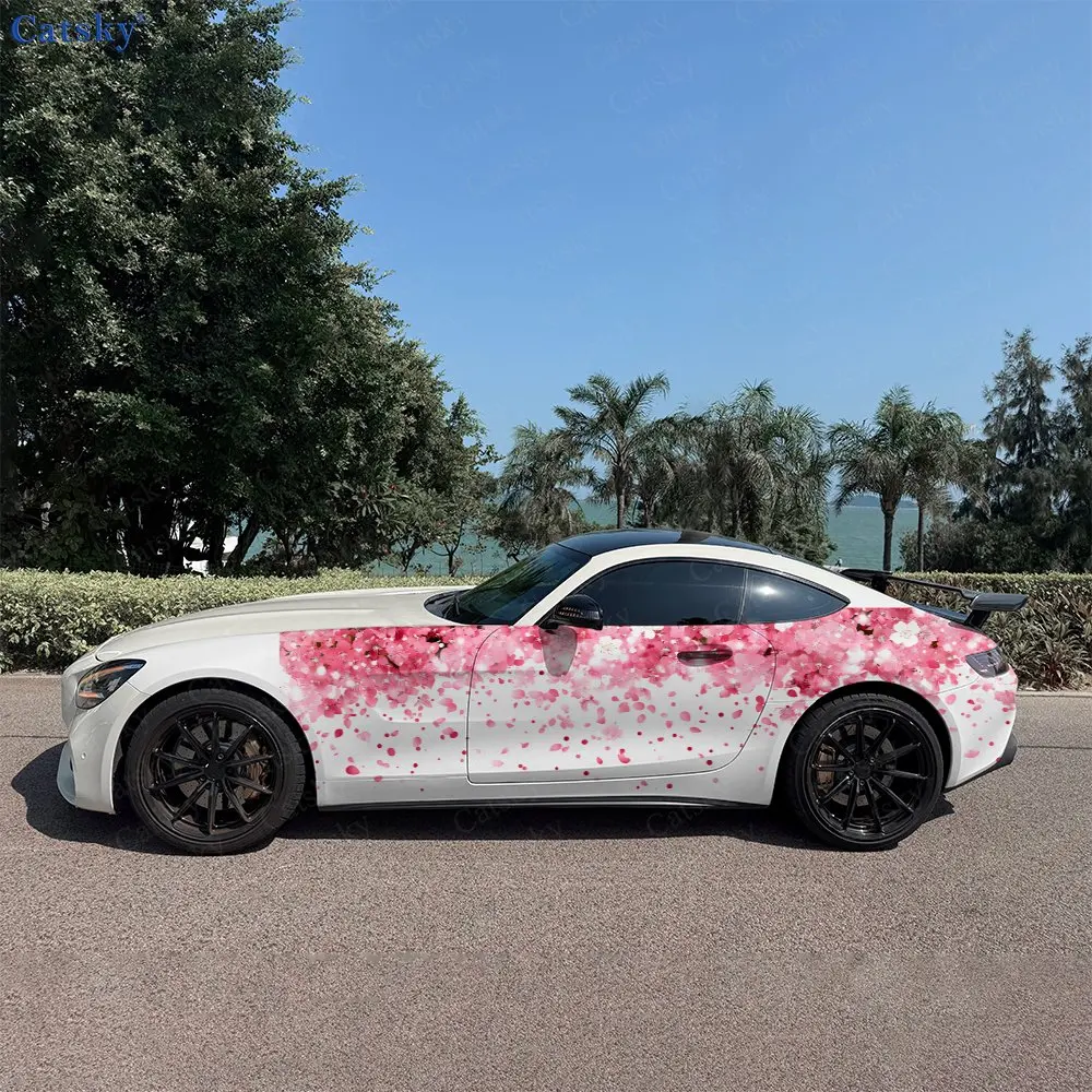 2pcs Gradient Pink Cherry Blossom Car Side Wraps, Self-Adhesive PVC Waterproof & Scratch-Resistant Stickers, Car Accessory Gift