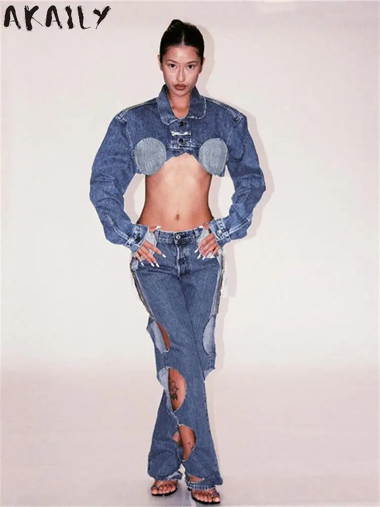 Akaily jaket Denim tambal sulam, pakaian kasual untuk wanita lengan panjang kancing longgar, jaket mode Crop longgar dengan 2023