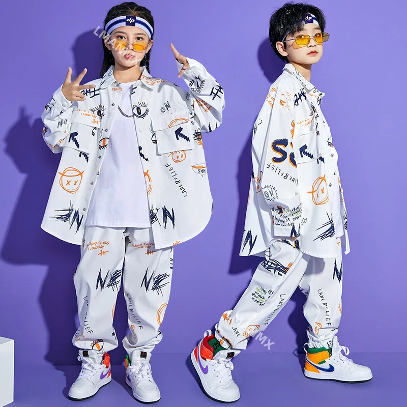 Kid Cool Kpop Hip Hop Roupas, Camisa branca estampada, Brasão Top, Streetwear, Calças de moletom Jogger, Menina, Menino, Traje de dança Jazz, Roupas