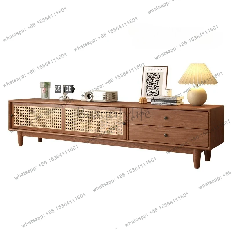 

French retro solid wood TV cabinet coffee table combination modern simple medieval living room home rattan storage locker