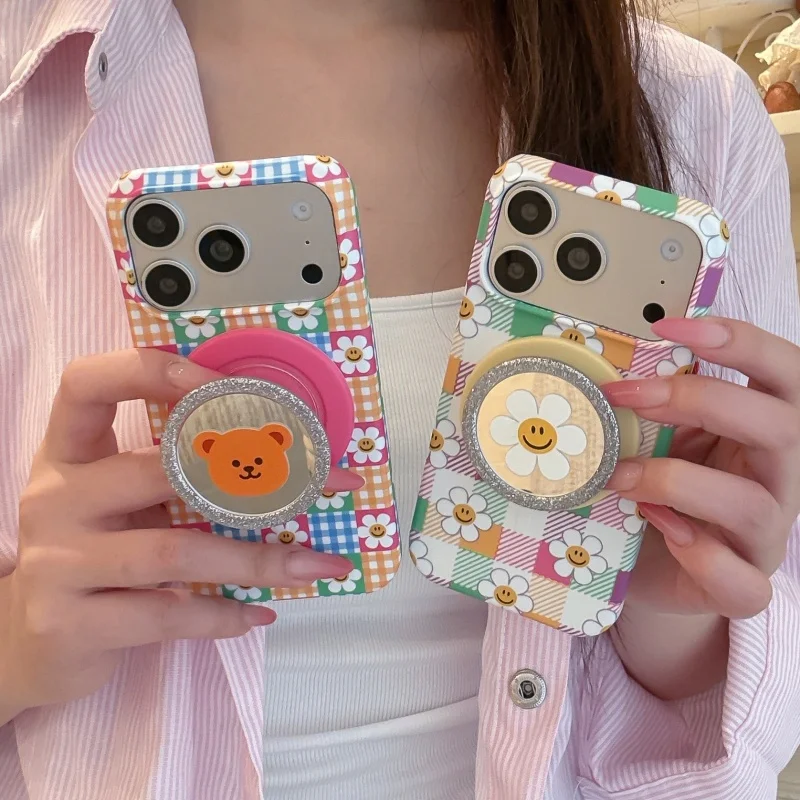

Korean Cute Flower Plaid Pattern Magnetic Phone Case For iPhone 17 Pro 16 15 Pro Max Cover with Bear Holder Hard Cases For Magsa