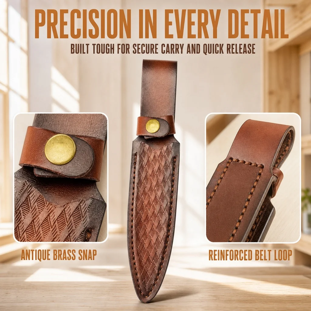 Cowhide Scabbard Fixed Blade Embossed Leather Case with Belt Buckle for Outdoor Camping Hunting Holster 26.8CM