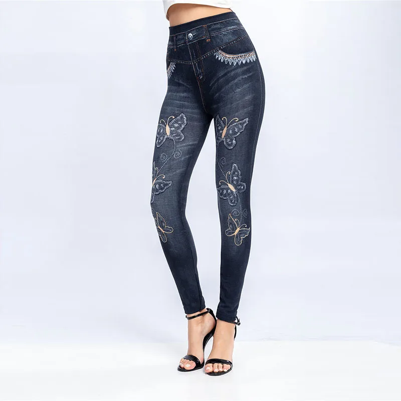 Cross-Border Super Popular Wish Heat Sale New Butterfly Print Ultra-Elastic Nine-Piece Denim Look Leggings Women's Trousers
