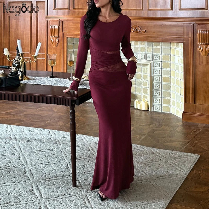 

Nagodo Lace Sexy Women Party Dress Hollow Out Slim High Waist Evening Gowns Long Sleeve Round Neck Wine Red Bodycon Prom Dresses