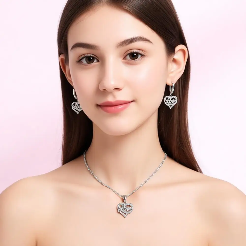 

Gorgeous 925 Sterling Silver Love Heart Crystal Zircon Necklace Earring Set for Women Girls Wedding Party Jewelry Gift Accessory