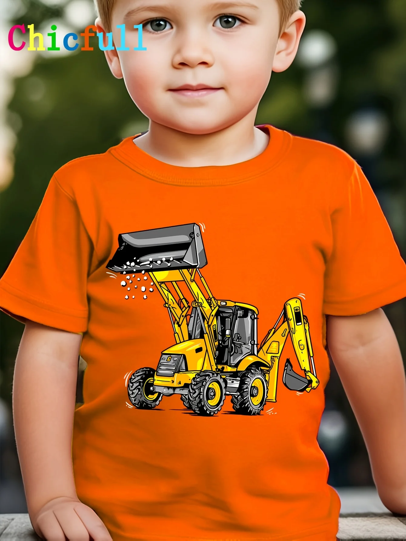 Boys Bulldozer Excavator Construction‑Vehicle Print T‑Shirt Handsome Versatile Casual Summer Crew‑Neck Kids Top