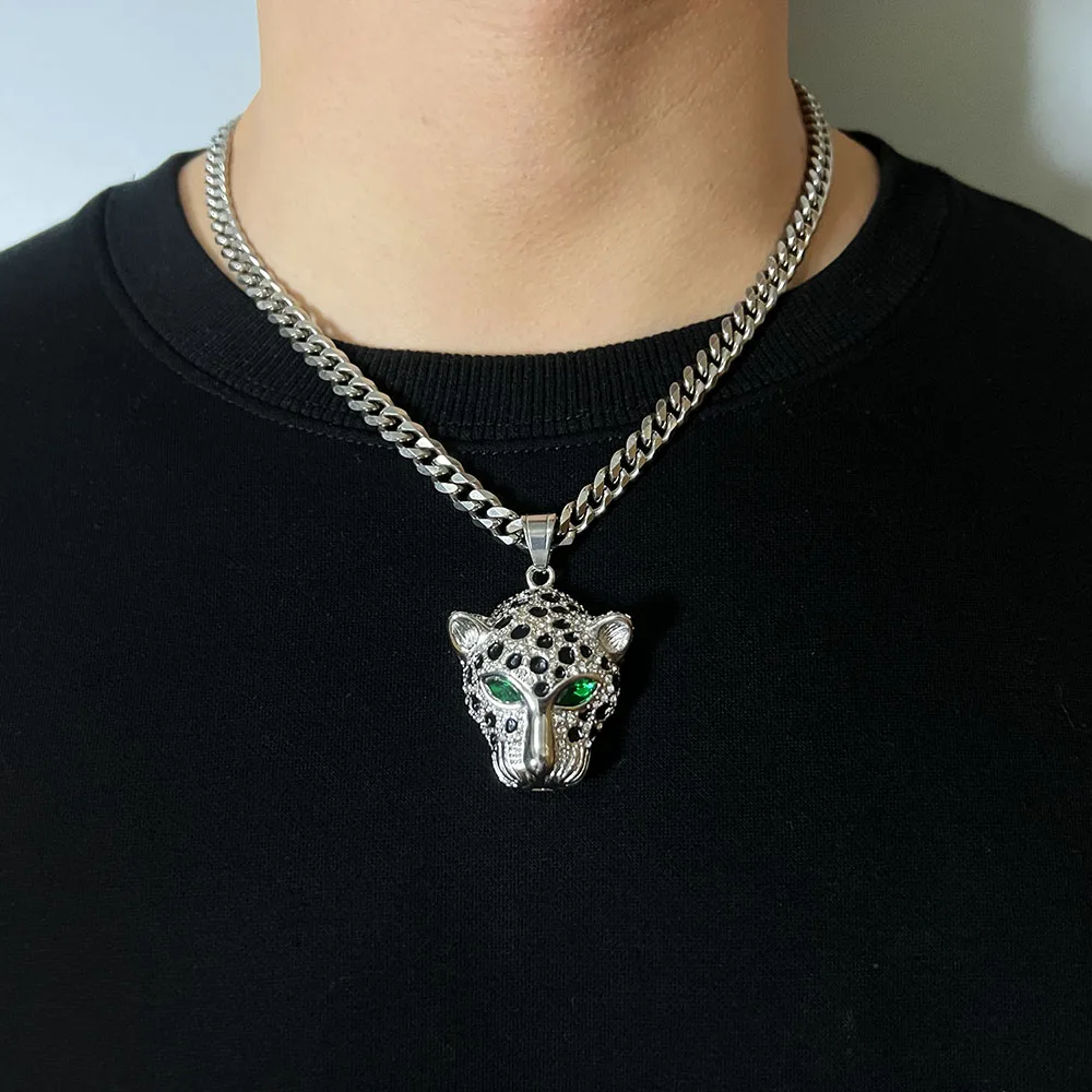 ULJ Iced Out Green Eyed Zirconia Leopard Stainless Steel Head Pendant Jewelry Gold Silver Color For Man Woman Hip Hop Necklace