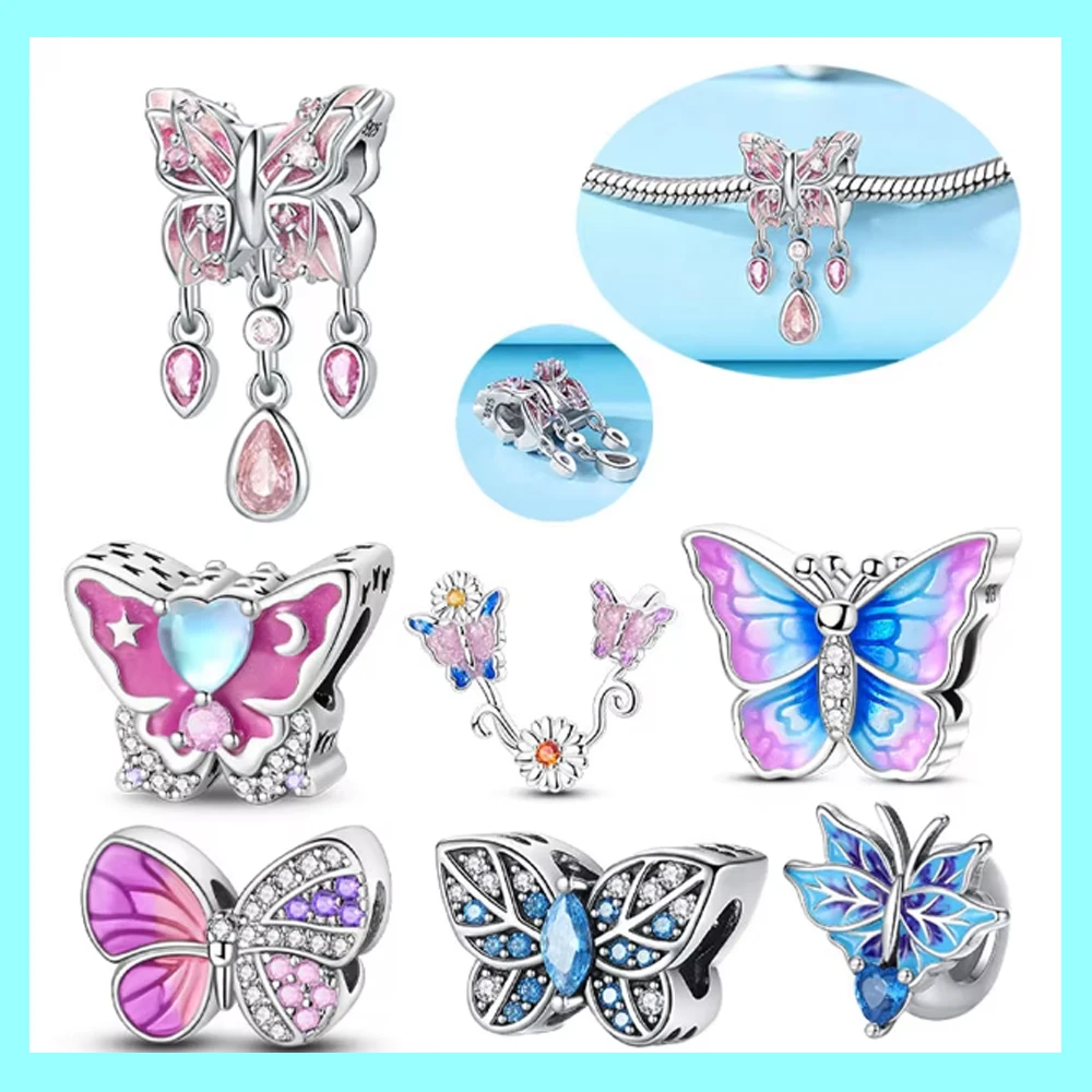 

Cute Blue Pink Fantasy Butterfly Series 925 Sterling Silver Beads Pendant Fit Bangle Charms Bracelet DIY Women Original Jewelry