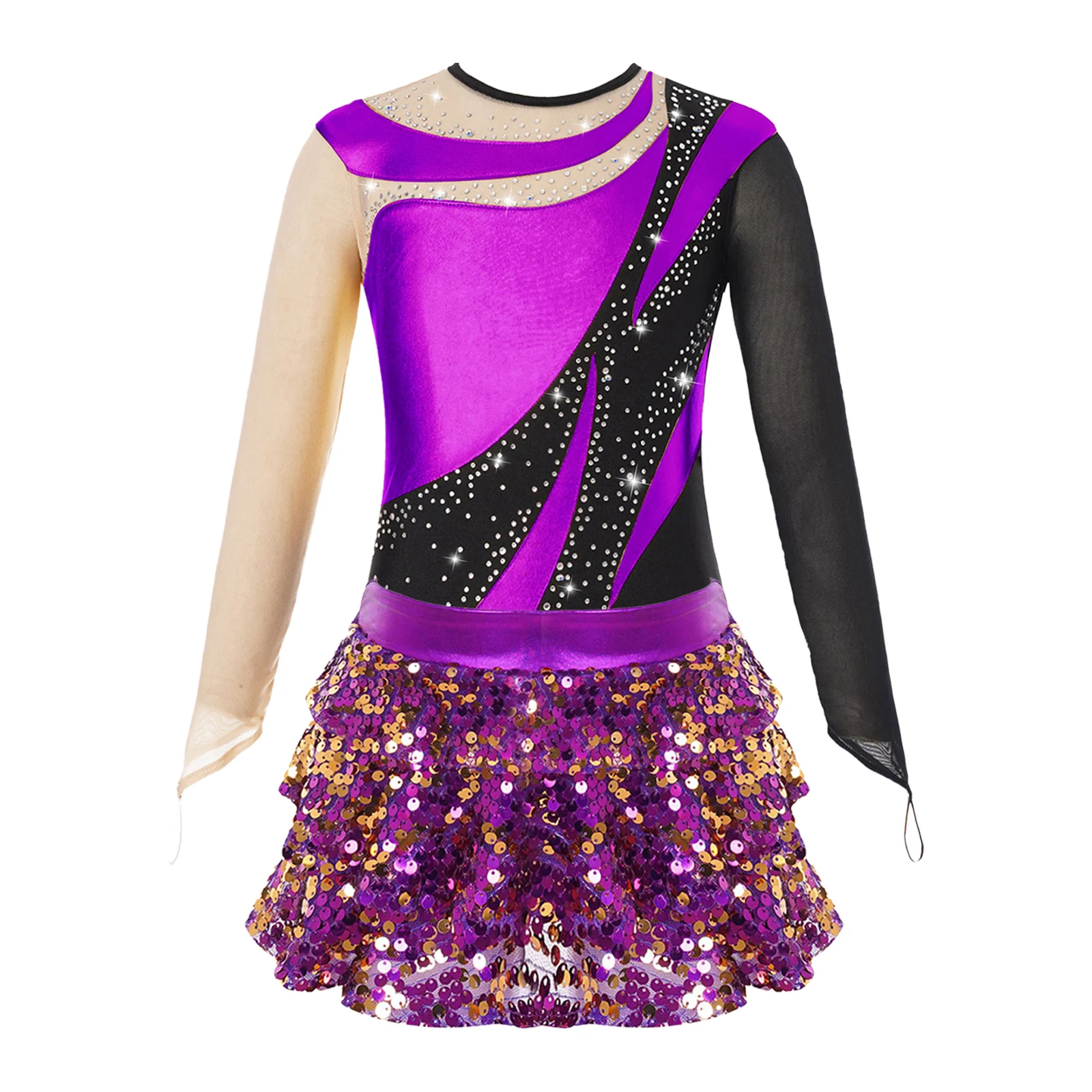 Kids Girls Long Sleeve Gymnastics Leotard with Shiny Sequins Skirted Shorts Teens Figure Skating Jumpsuit Ballet Dance Outfits