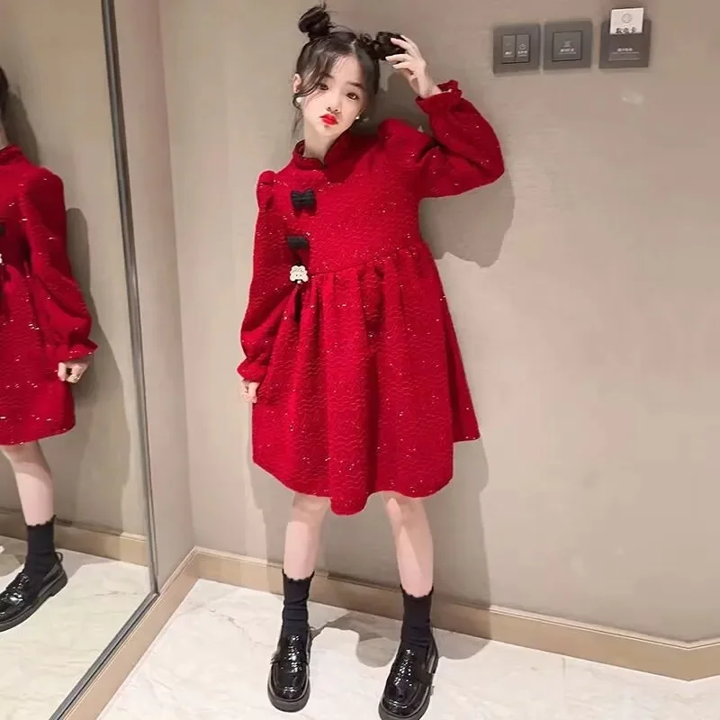 2024 autumn winter Kids Girls solid retro red Cheongsam Qipao Princess Teens New Year Dresses wool velvet Clothes 8 10 12 year