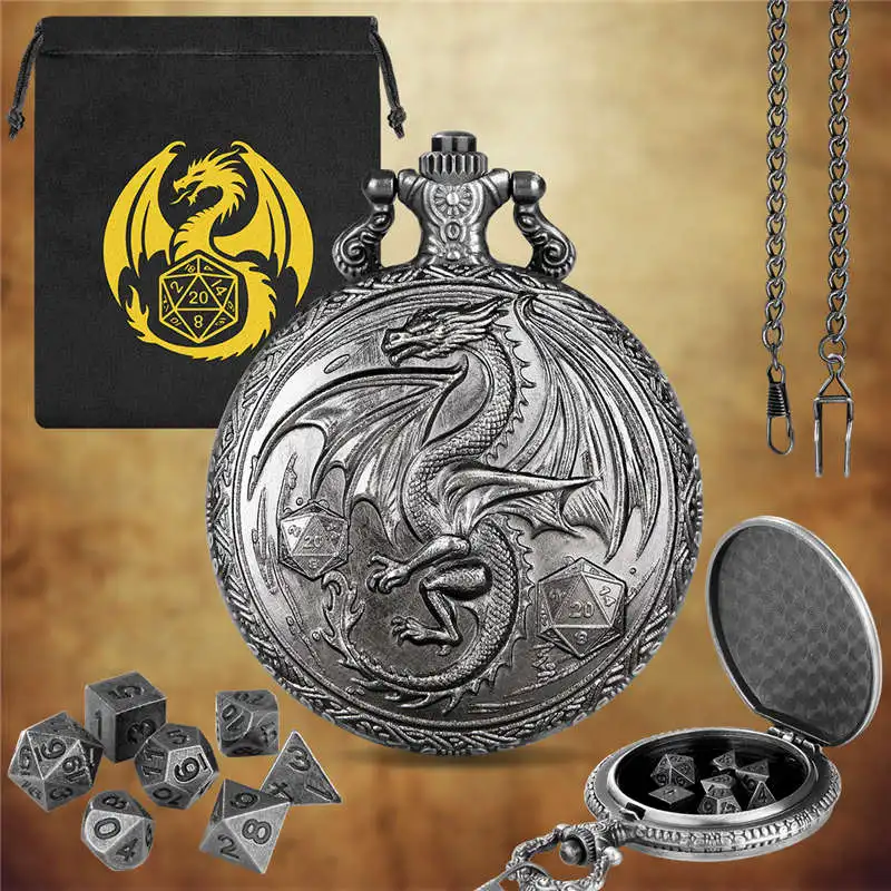 

Steampunk Winged Dragon Pocket Watch Case with 7pcs Mini Size Metal Polyhedral Dice RPG Board Gaming Dices with Storage Bag