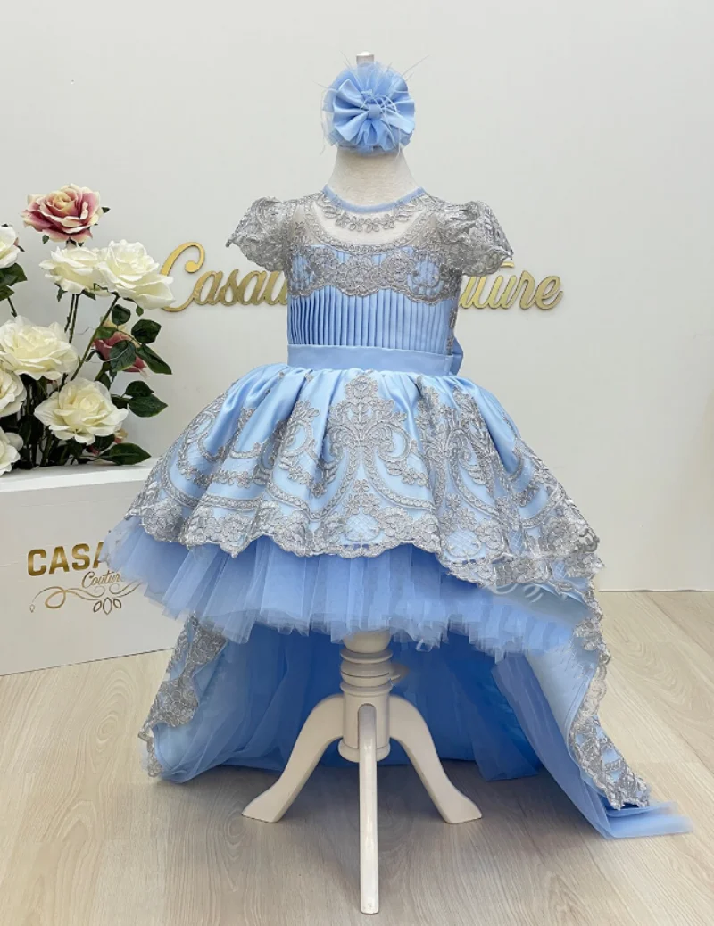 New Sky Blue Flower Girl Dress for Wedding O Neck Big bow Lace Appliques Girls Dress First Communion Dress Prom Party Gowns