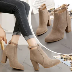 Woman Suede High Heel Ankle Boots British Style Fashion Thick Heel Pointed Back Zipper Boots Women Square Heeled Short Booties
