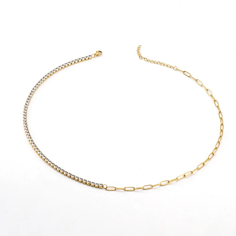 

Stainless Steel Diamond-encrusted Tennis Chain Necklace Women's Gold Titanium Steel Paperclip Chain Splicing Jewelry Women