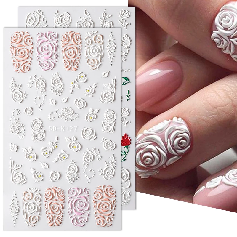 1PC 5D Nail Sticker White Pink Rose Embossed Flower Pattern Self-Adhesive Slider  Nail Decals DIY Nail Art Decoration