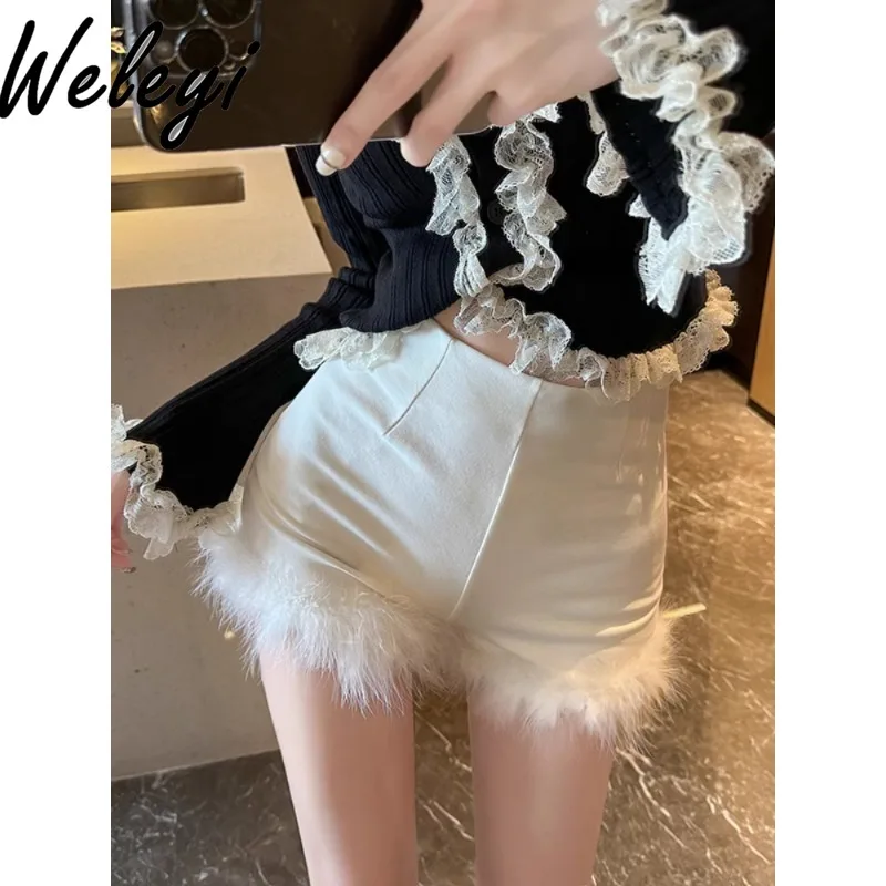 Sexy Hot Girls Fluffy Shorts 2024 Autumn New American Versatile Woman High Waist Solid Color Furry Stitching Slimming Hot Pants