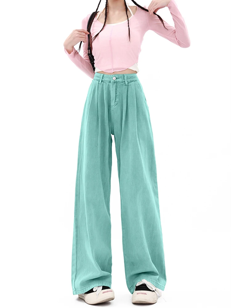 WCFCX STUDIO Autumn New Women Baggy Jeans Korean Straight Wide Leg Denim Pants High Waist Y2K Fashion Green Trousers Streetwear