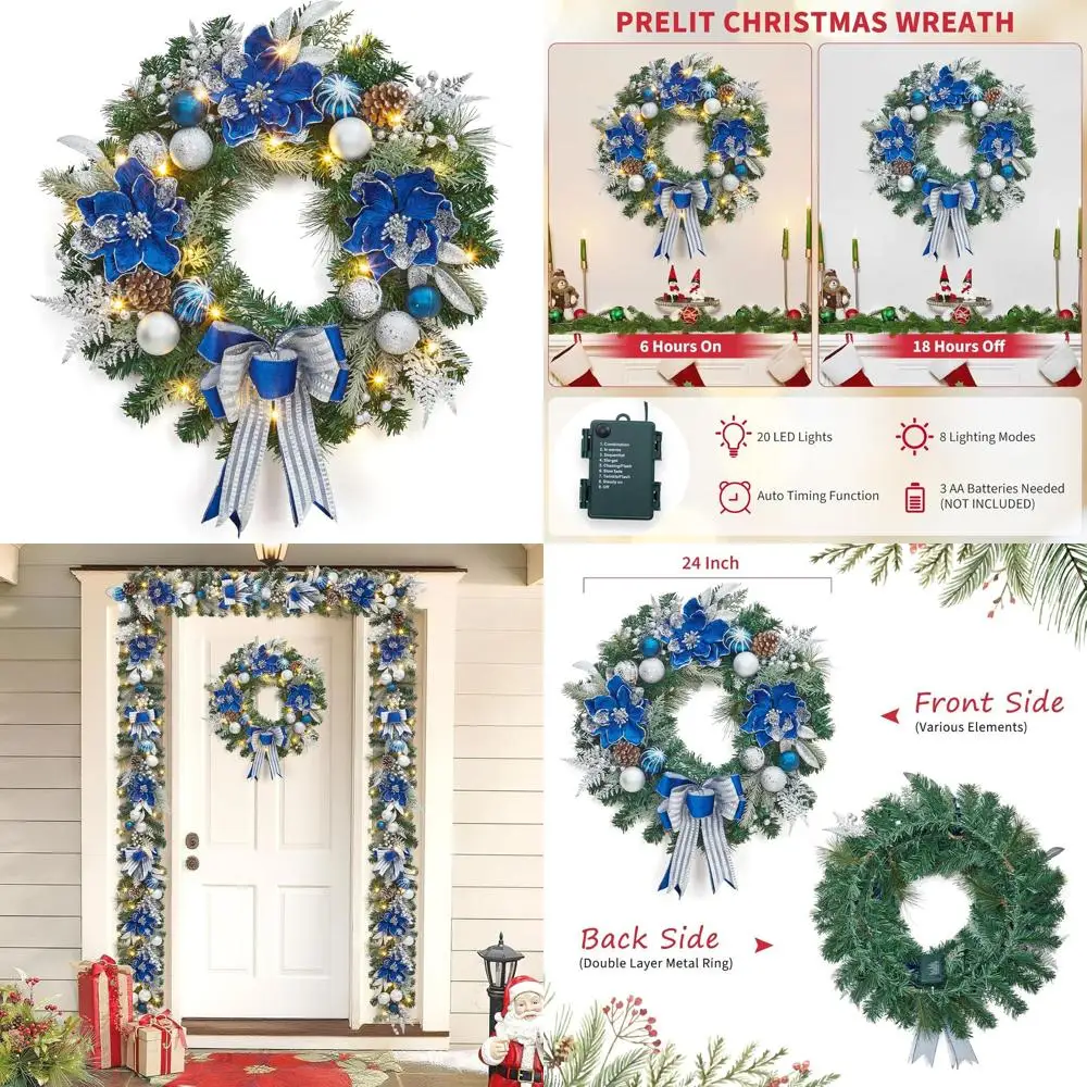 

Battery-Powered 24 Outdoor Christmas Wreath with Silver Blue Balls, Bow, and 20 LED Lights for Holiday Door Decor