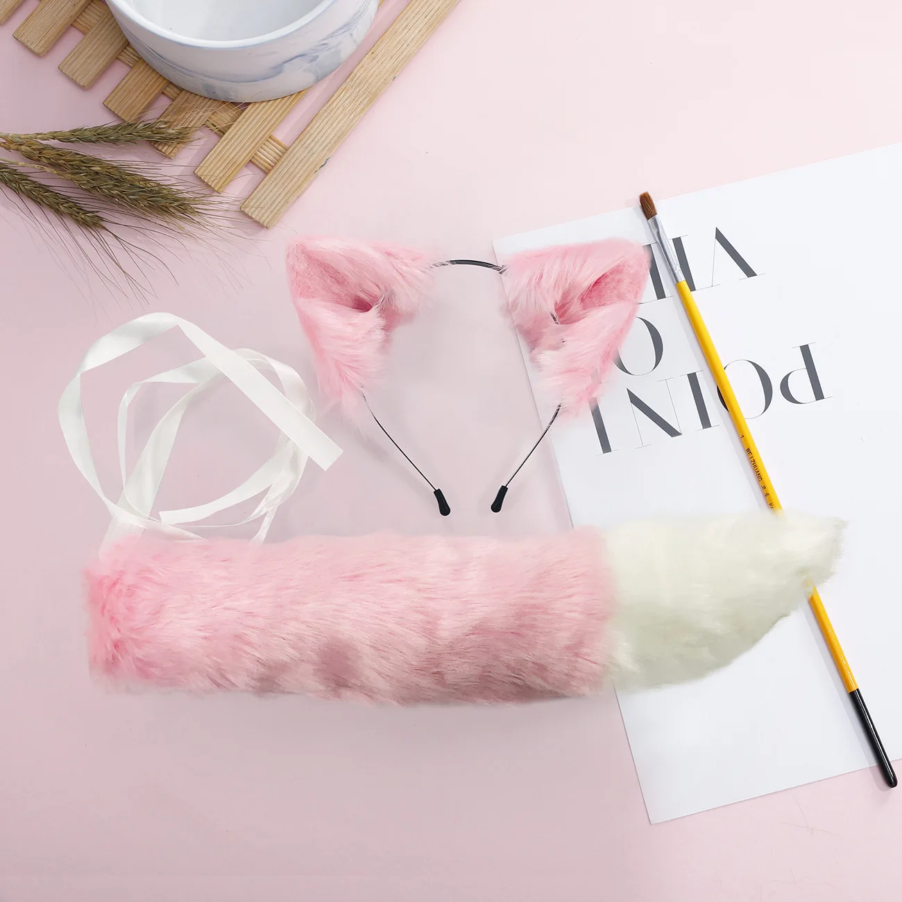 Cute Pink Cosplay Headwear Tail Set Anime Fox Rabbit Fur Headdress Animal Ear Headband Tail Party Props Lolita Accessories Set