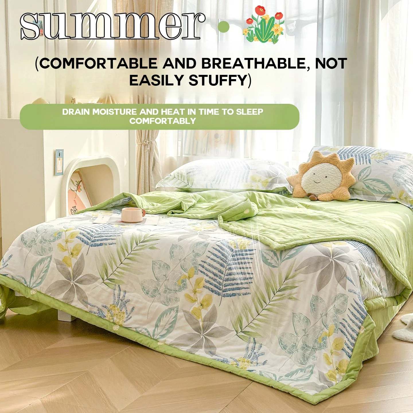 Cotton Summer Quilt Korean Style Printed Breathable Blanket for Bed Single Double Lightweight Thin Comforter