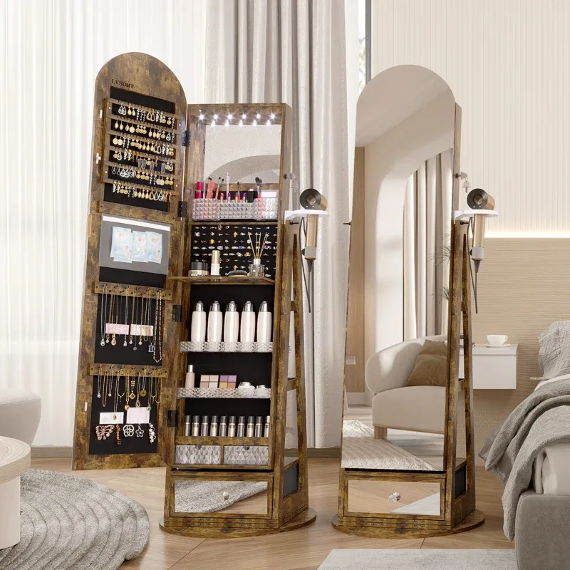 Solid wood floor-to-ceiling full-length mirror full-length mirror covered multi-functional bedroom rotating jewelry storage