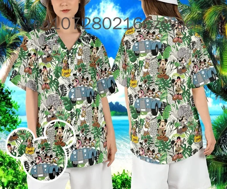 Disney Safari Hawaiiaans Shirt 2024 Zomer Nieuwe Disney Mickey Hawaiian Shirt Retro Casual Button Shirt Met Korte Mouwen