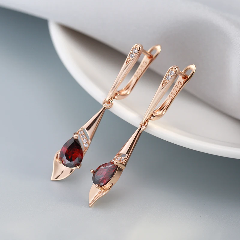 SYOUJYO Red Water Drop Natural Zircon Long Dangle Earrings For Women 585 Rose Golden Elegant Bride Wedding Fine Jewelry