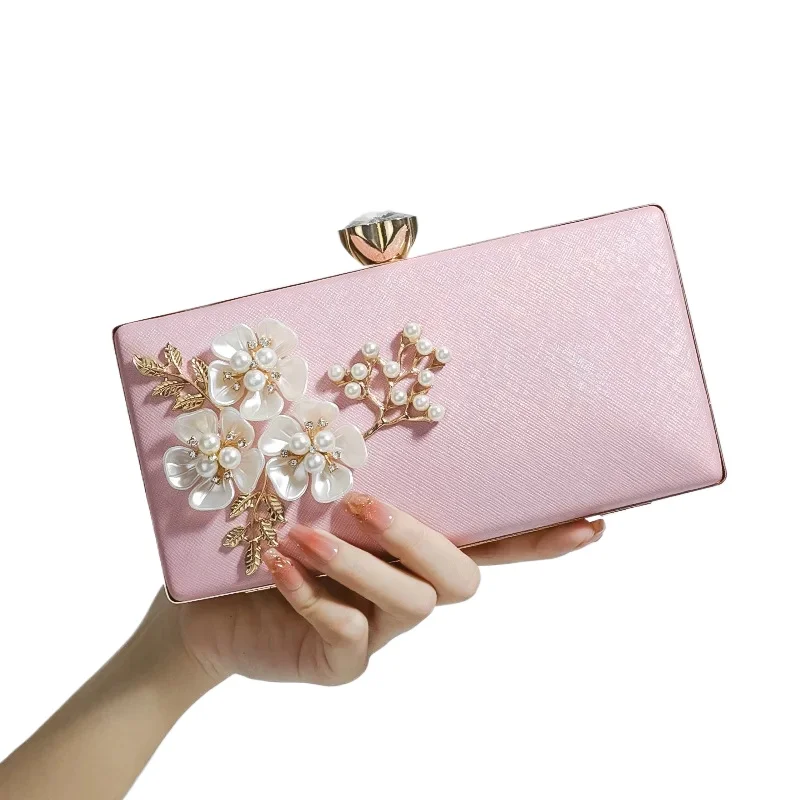 

Розовые вечерние сумки для свадебной вечеринки для женщин, клатч с милым жемчужным цветком, модный светский текстурный кошелек с цепочкой через плечо