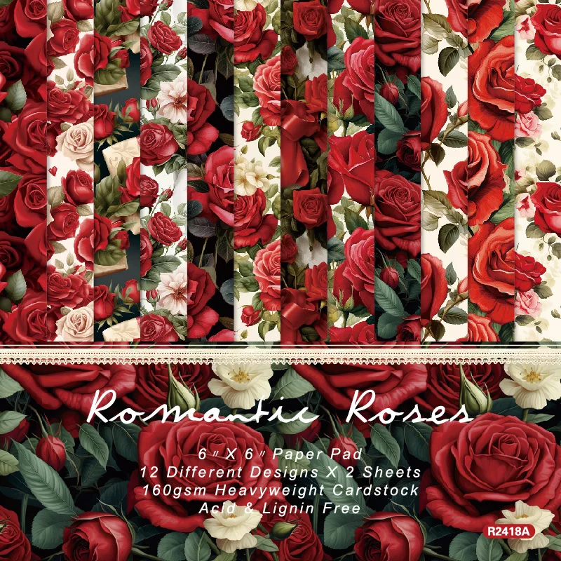 Alinacutle Junkjournal Romantisches Rosen-Papierpaket 24 Blatt 6' Gemustertes Papierblock für Scrapbooking Handgemachtes Handwerk Muttertag