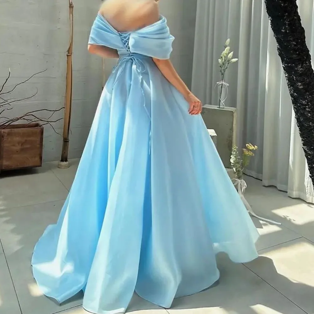 Customized Off the Shoulder Sleeveless Satin Floor Length A-Line Evening Dress Panel Train Lace Up Back Temperament Saudi Arabia