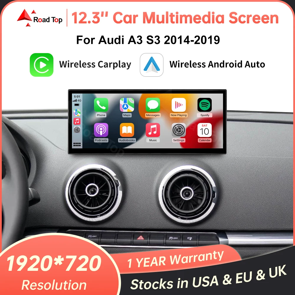 Pantalla Multimedia para coche con pantalla táctil de 12,3 pulgadas para Audi A3 2014-2019 con función CarPlay inalámbrica Android Auto Airplay AutoLink