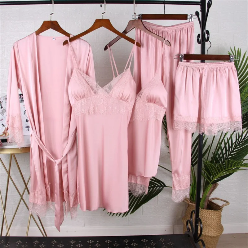 Summer With Chest Pad Full Slip Lace White Ice Silk Pajamas Set Women Suspender Shorts Five-piece Set Sleepwear Bathrobe