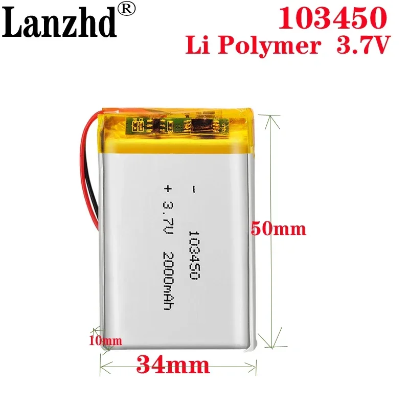 100PCS 3.7V 2000mAh 103450 Lipo Polymer Lithium Batteries For GPS navigator MP5 GPS Bluetooth Speaker headset e-book camera