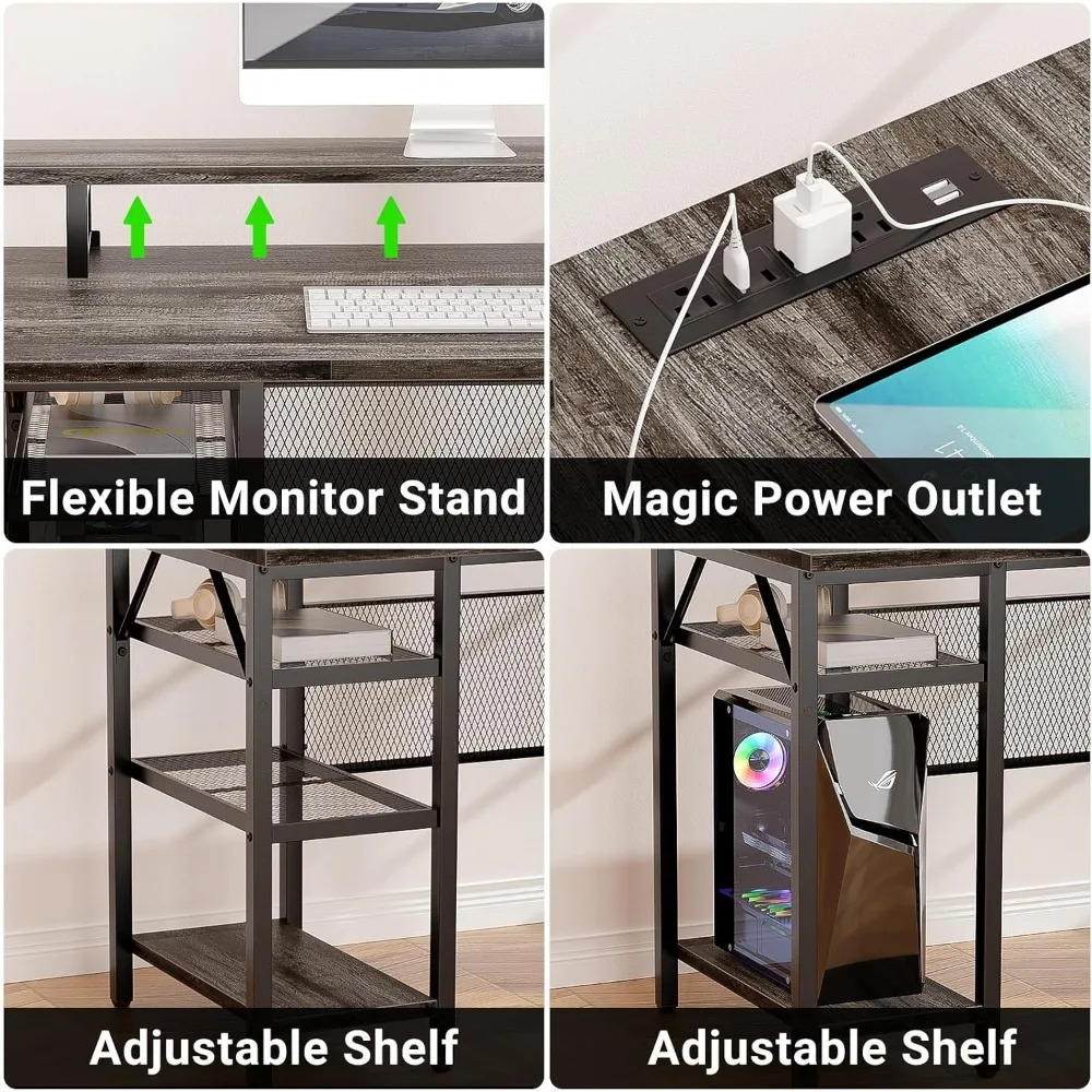 L Shaped Computer Desk with Magic Power Outlets and Smart LED Light, Reversible Office Corner Desk with Ergonomic Monitor Stand