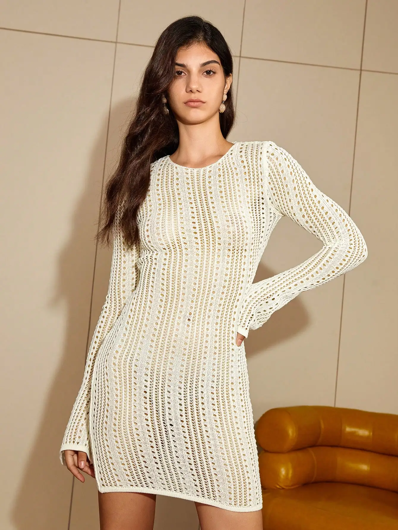 

AEL 2024 Summer Hollow Out sexy Long Sleeve Backless Knitted Mini Dress Club Party Dresses
