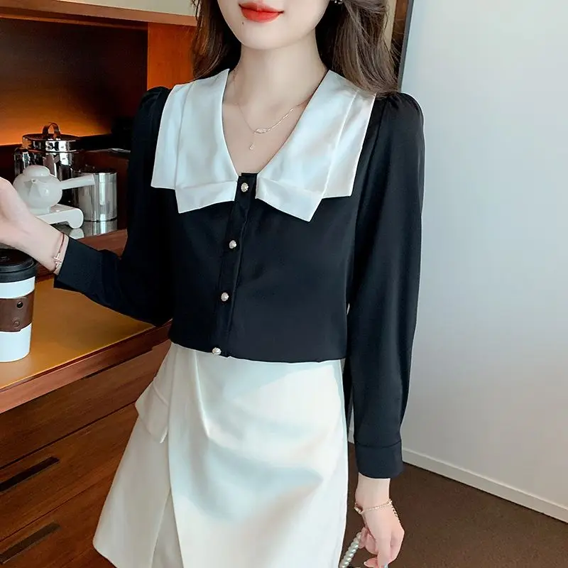 

2024Women's Spring and Autumn New Fashion Elegant Doll Neck Button Spliced Style Versatile Long Sleeve Slim Fit Chiffon Tops