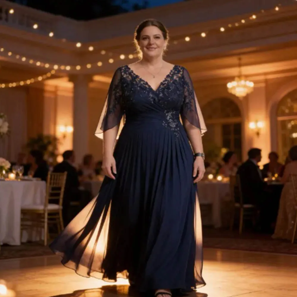 

Popular Navy Blue V-neck Lace Applique Short Sleeves Chiffon A Line Evening Dresses Custom Made 2026 Rode De Morrie