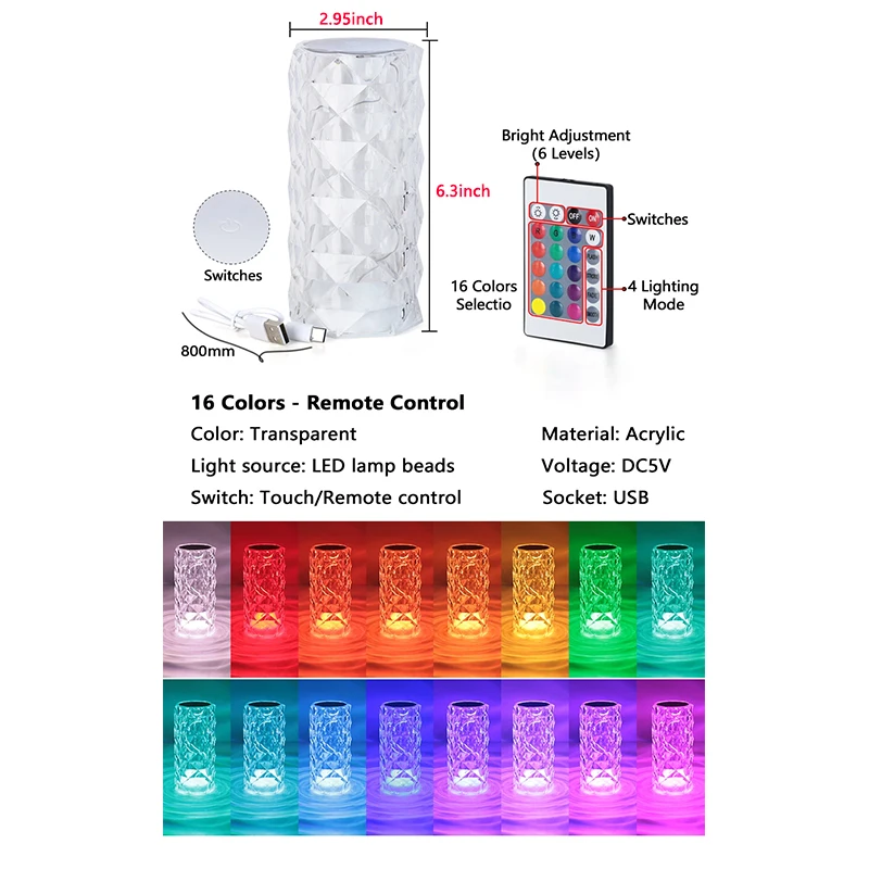 Rechargeable 16 Colors RGB Rose LED Night Light Color Changing Crystal Touch Table Lamp For Bedroom Nightstand Christmas Decor