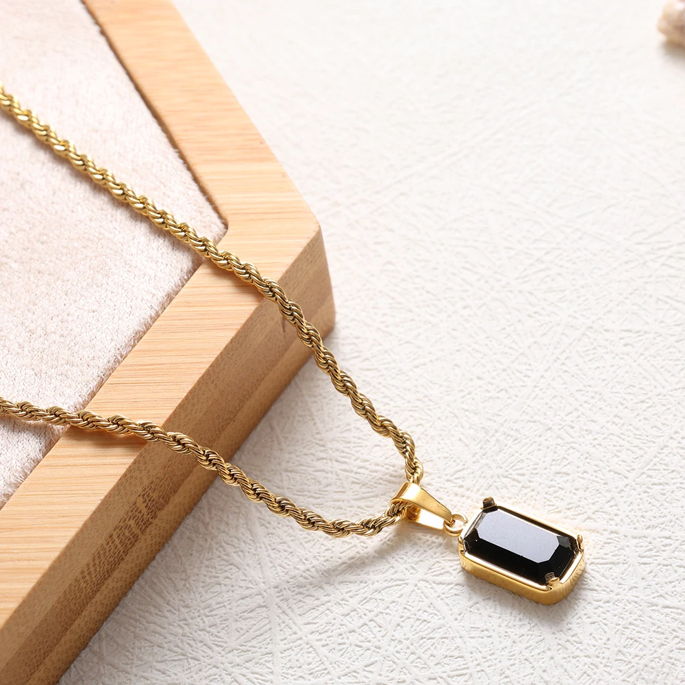 JINHUI Retro Black Rectangle Crystal Zircon Pendant Necklace Women Stainless Steel Hip Hop Men Necklaces High Quality Jewelry