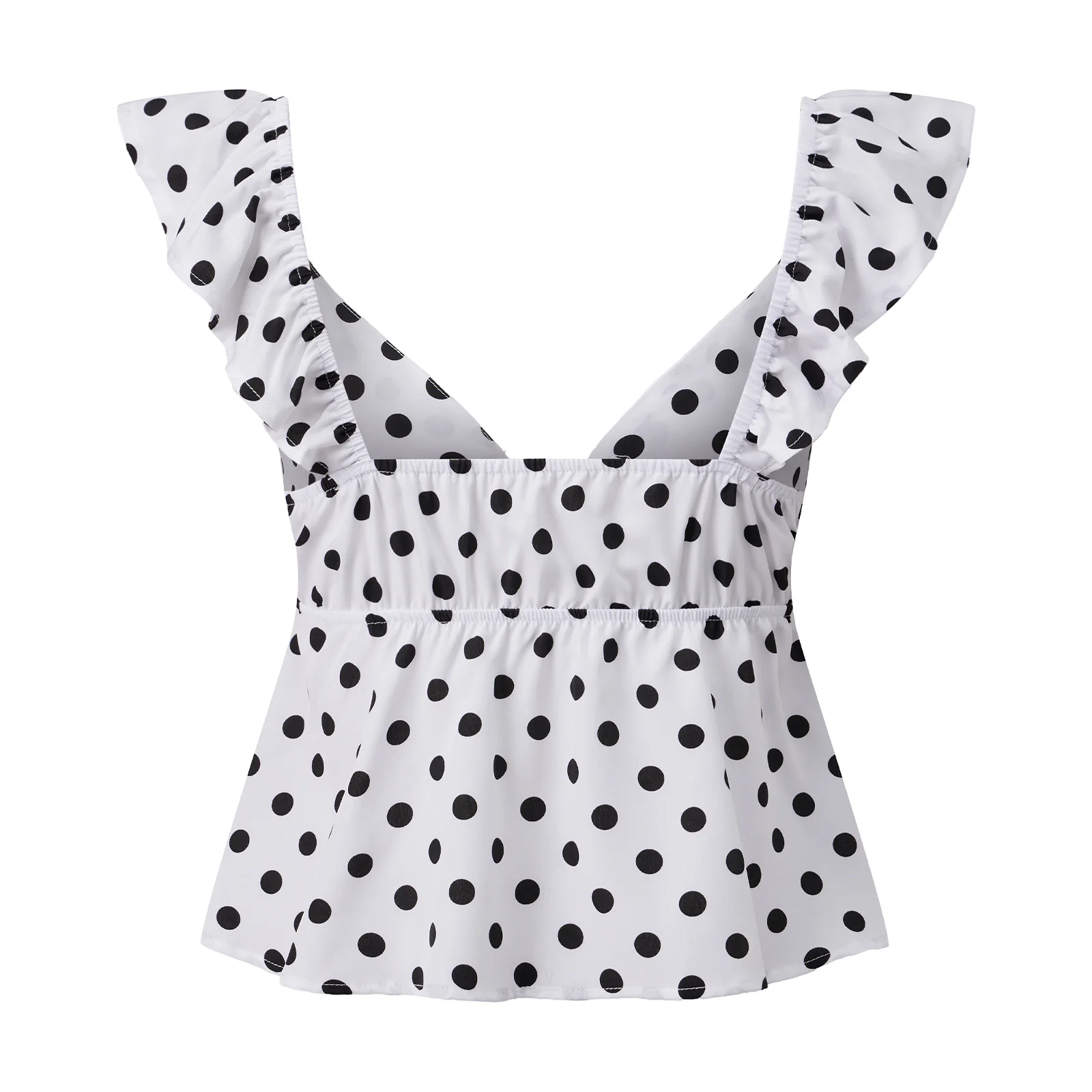 Camisetas sin mangas con estampado de puntos para mujer, camisetas sin mangas con cuello en forma de corazón y volantes a la moda