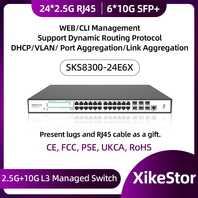 

XikeStor 2.5G 10G L3 Управляемый 24-портовый 2.5G RJ45 и 6-портовый 10G SFP+ Ethernet Поддержка VALN и управление Web/CLI